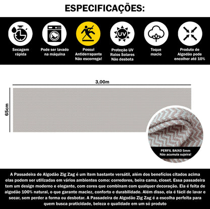 Passadeira Antiderrapante 300x65cm Beira de Cama Zig Zag Nude