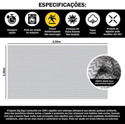 Tapete para Sala e Quarto 250x140cm Antiderrapante Zig Zag Cinza