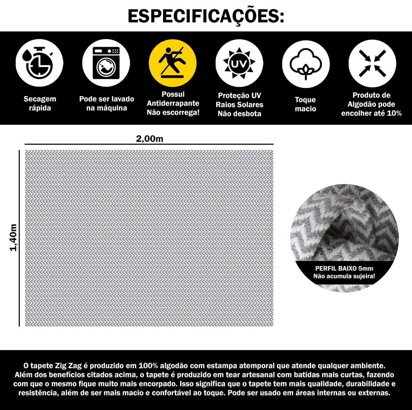 Tapete para Sala e Quarto 200x140cm Antiderrapante Zig Zag Cinza