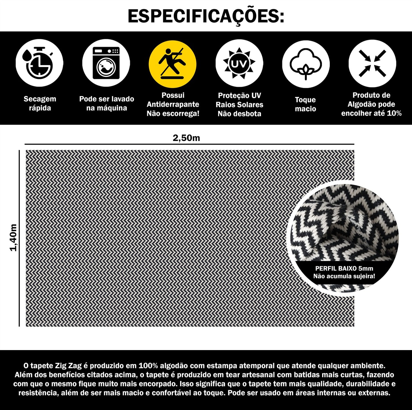 Tapete para Sala e Quarto 250x140cm Antiderrapante Zig Zag Preto