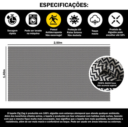 Tapete para Sala e Quarto 250x140cm Antiderrapante Zig Zag Preto