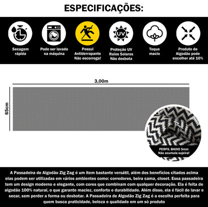 Passadeira Antiderrapante 300x65cm Beira de Cama Zig Zag Preto