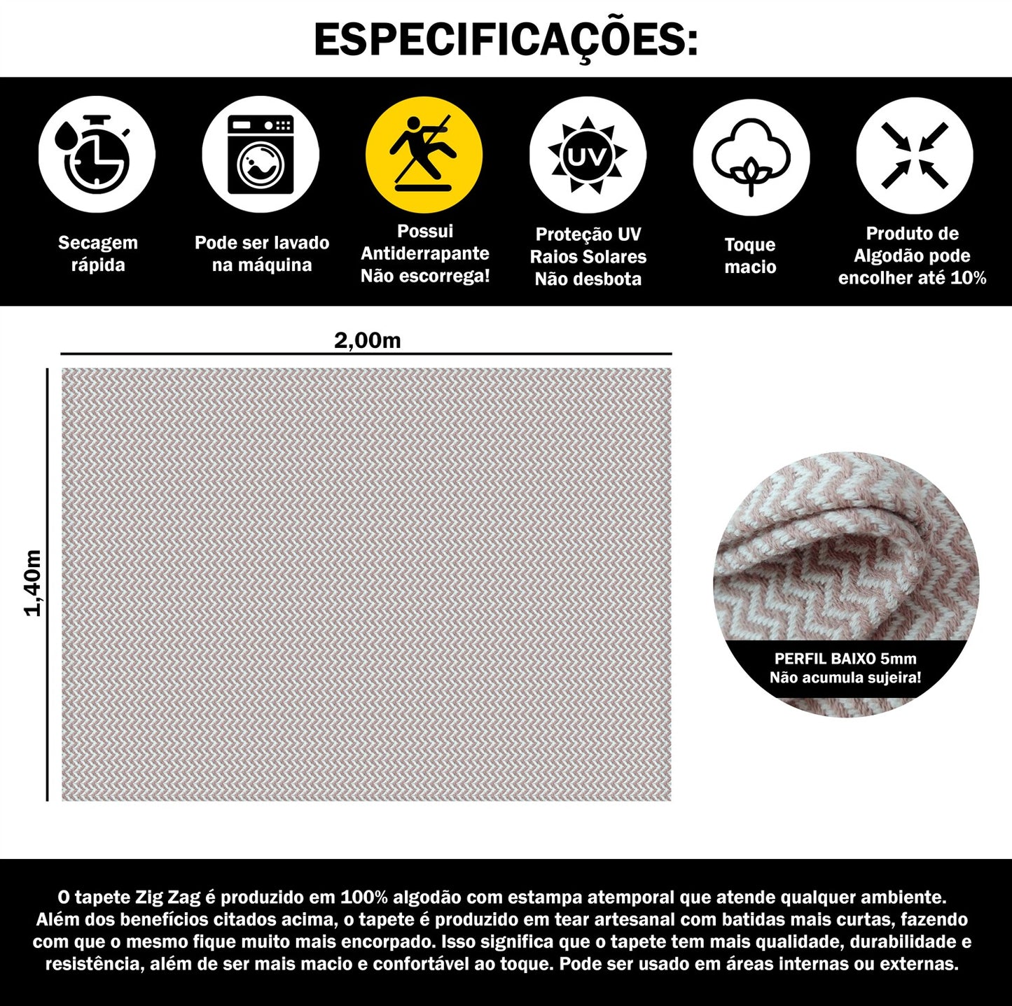 Tapete para Sala e Quarto 200x140cm Antiderrapante Zig Zag Nude