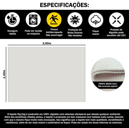 Tapete para Sala e Quarto 200x140cm Antiderrapante Zig Zag Cru