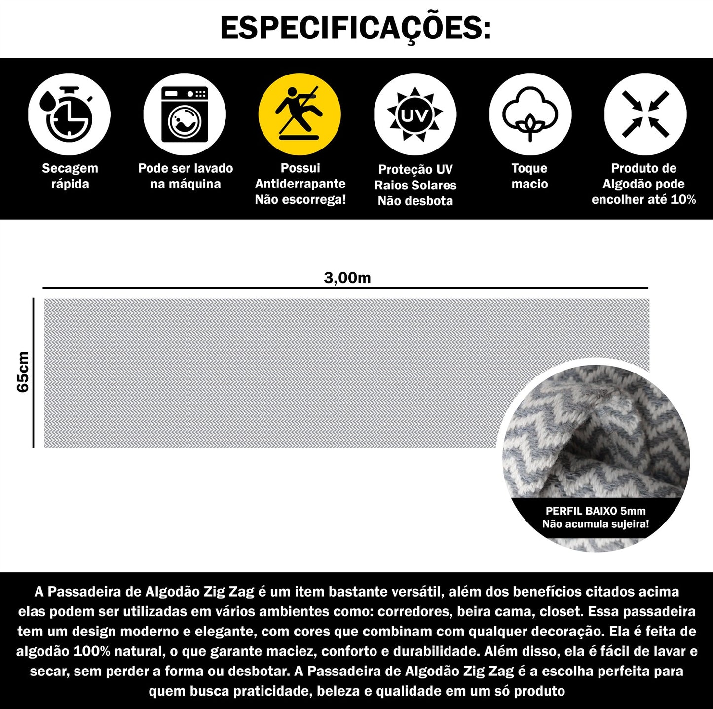Passadeira Antiderrapante 300x65cm Beira de Cama Zig Zag Cinza