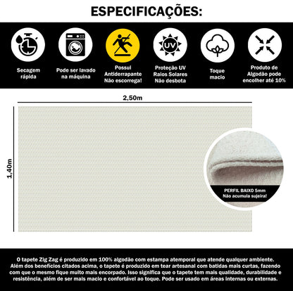 Tapete para Sala e Quarto 250x140cm Antiderrapante Zig Zag Cru