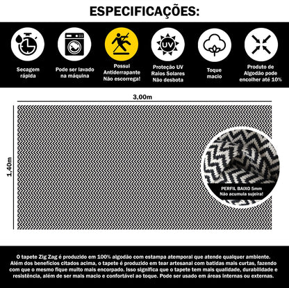 Tapete para Sala e Quarto 300x140cm Antiderrapante Zig Zag Preto