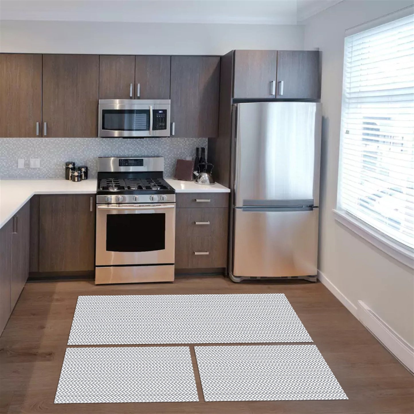 Tapete Passadeira Jogo de Cozinha 3 Peças Zig Zag - Cinza