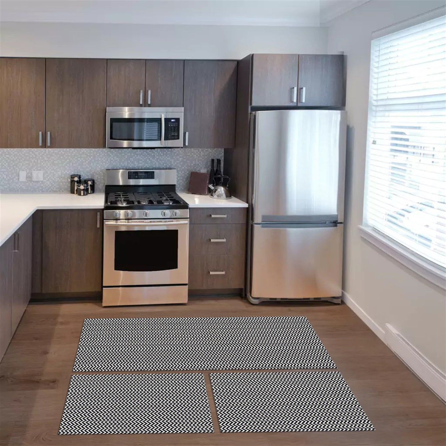 Tapete Passadeira Jogo de Cozinha 3 Peças Zig Zag - Preto